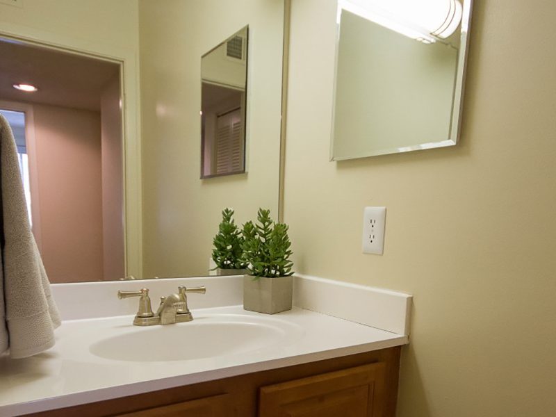 This image exhibits the premium apartment feature, particularly the bathroom area featuring the warm tone wall, elegant bathroom mirrors, and modern brushed nickel fixtures.